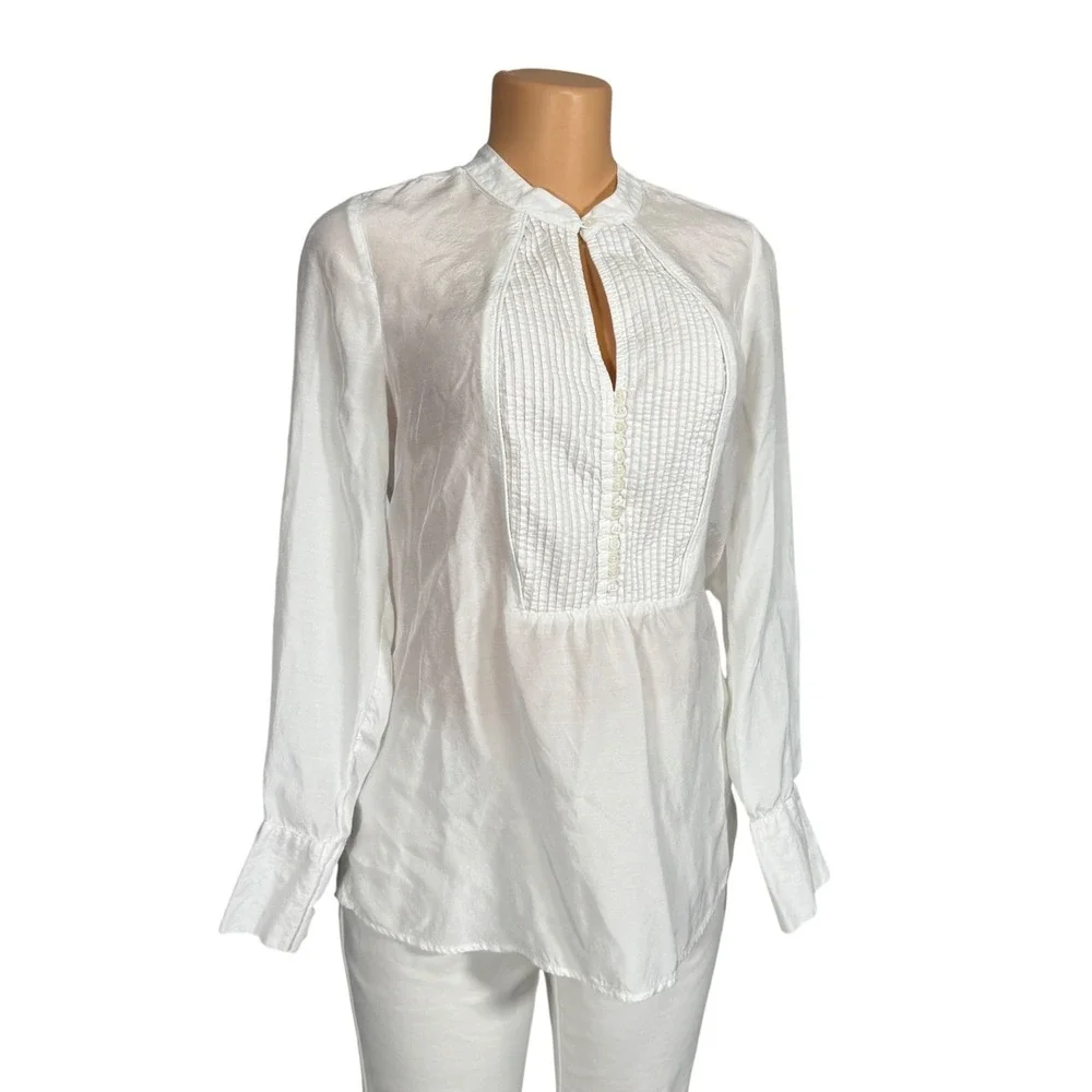 Free People White Pleated Bib Long Sleeve Blouse‎ Size Small